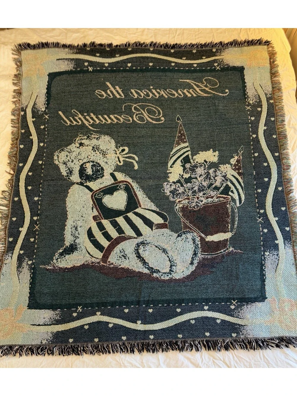 VTG America The Beautiful Tapestry Throw Blanket Patriotic Teddy Bear Heart EUC